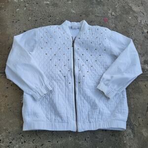 Vintage 90s Megan Moore Studded Jacket Womens L Tall White Full Zip Preppy Fall